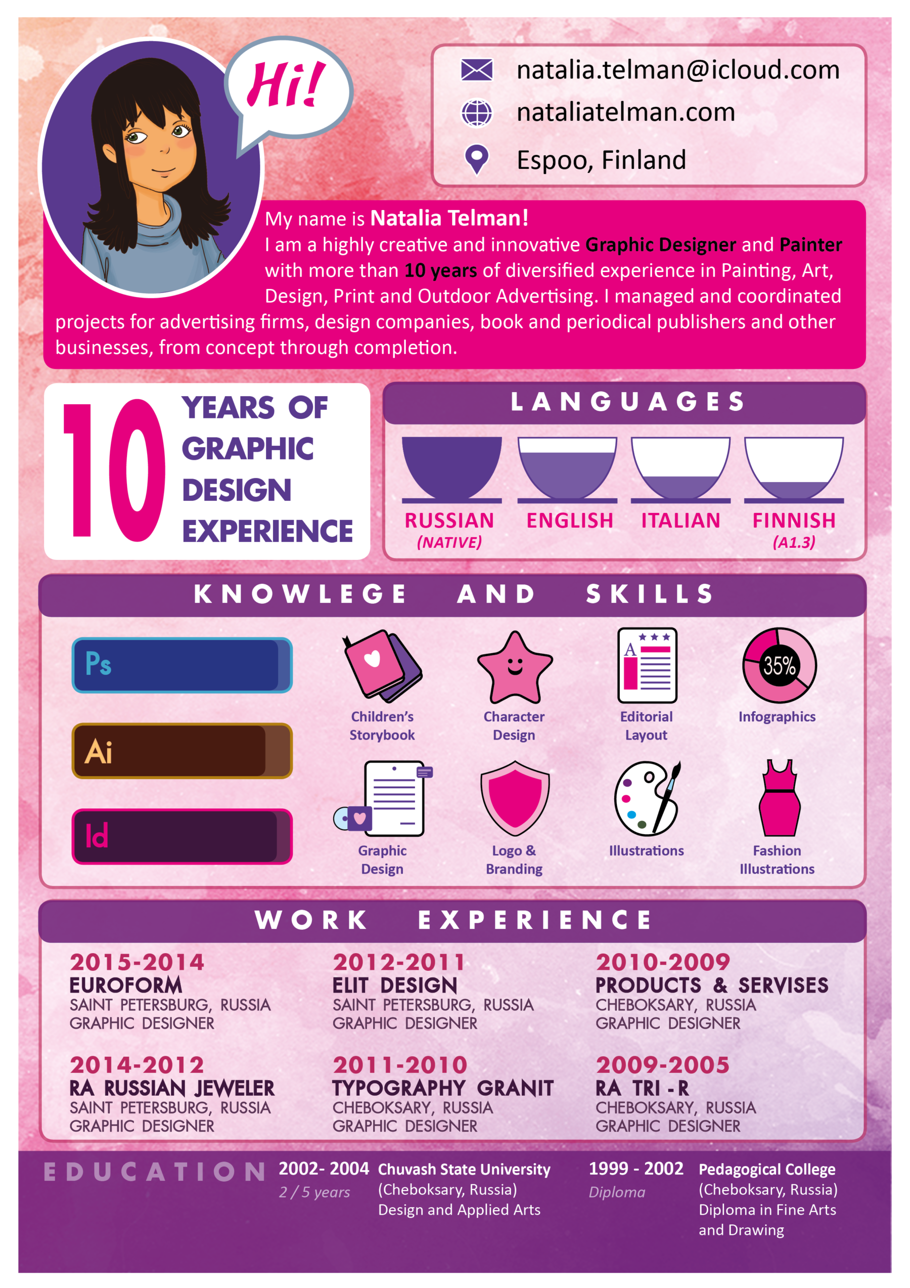 Visual resume with strong emphasis on the usage of colors and graphics